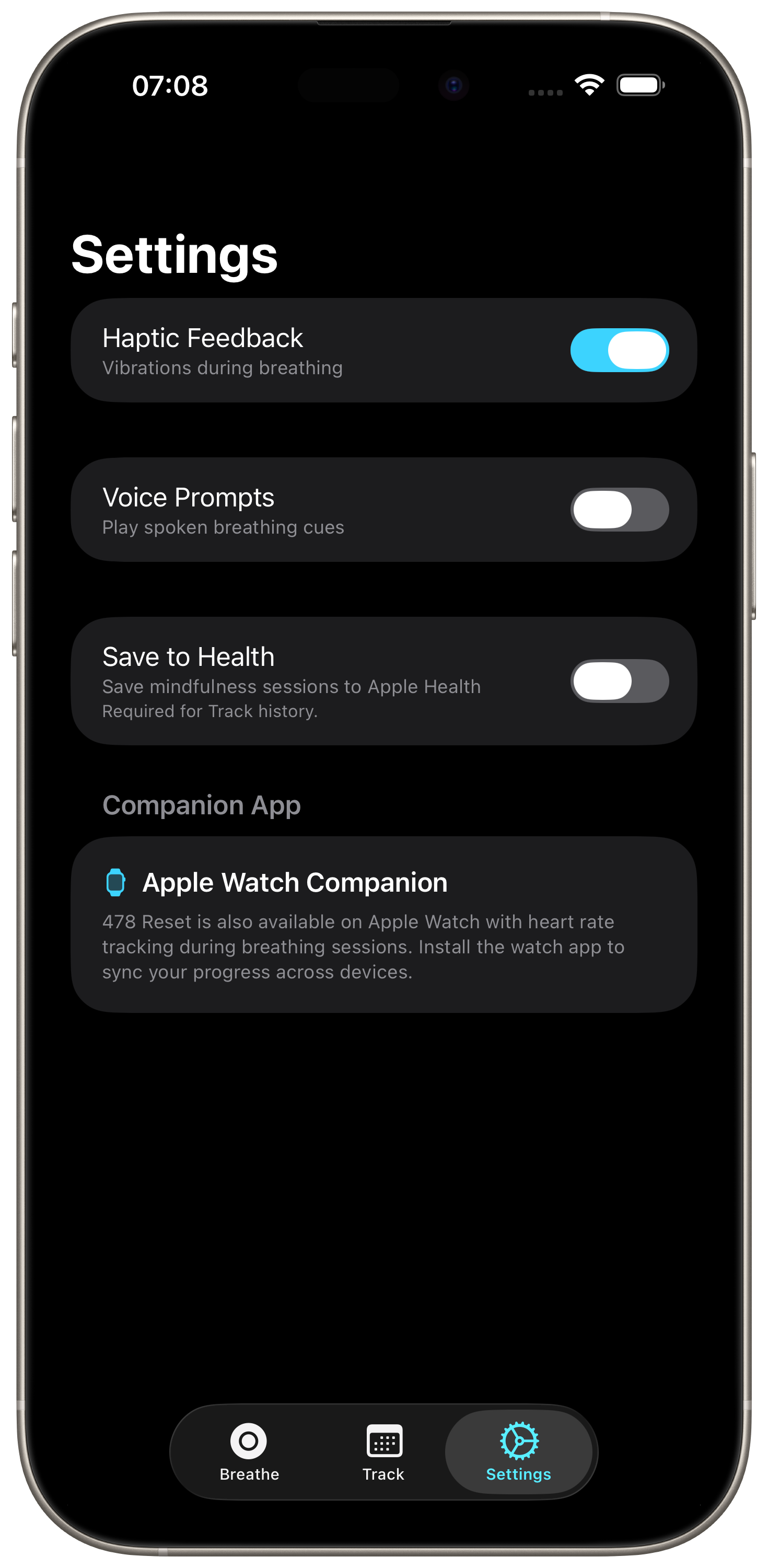 Settings with haptics, voice prompts, and Health options