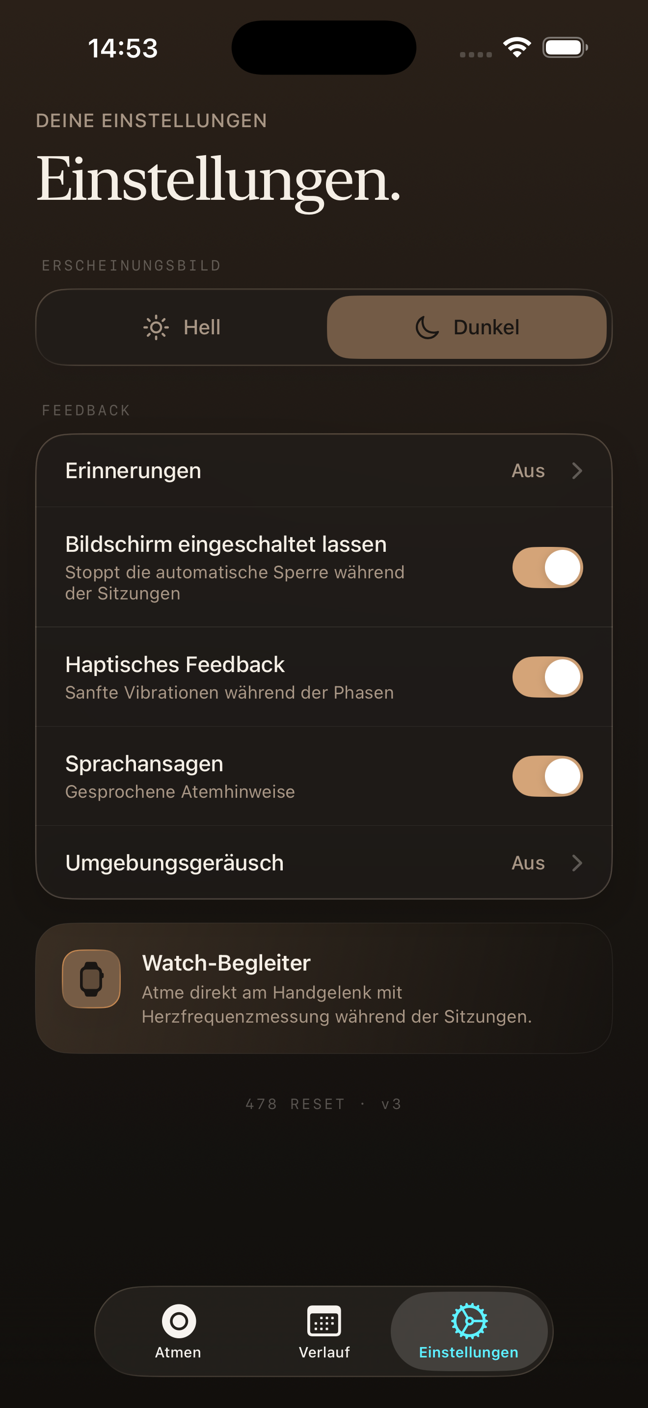 4-7-8 Atmung App Einstellungen mit Erinnerungen Sprachhinweisen Haptik Umgebungsgeräuschen und Apple Watch
